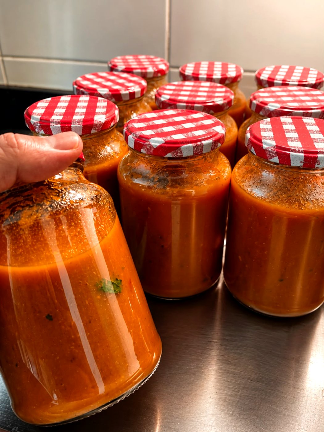 Vidros de molho de tomate recém-envasados ainda quentes
