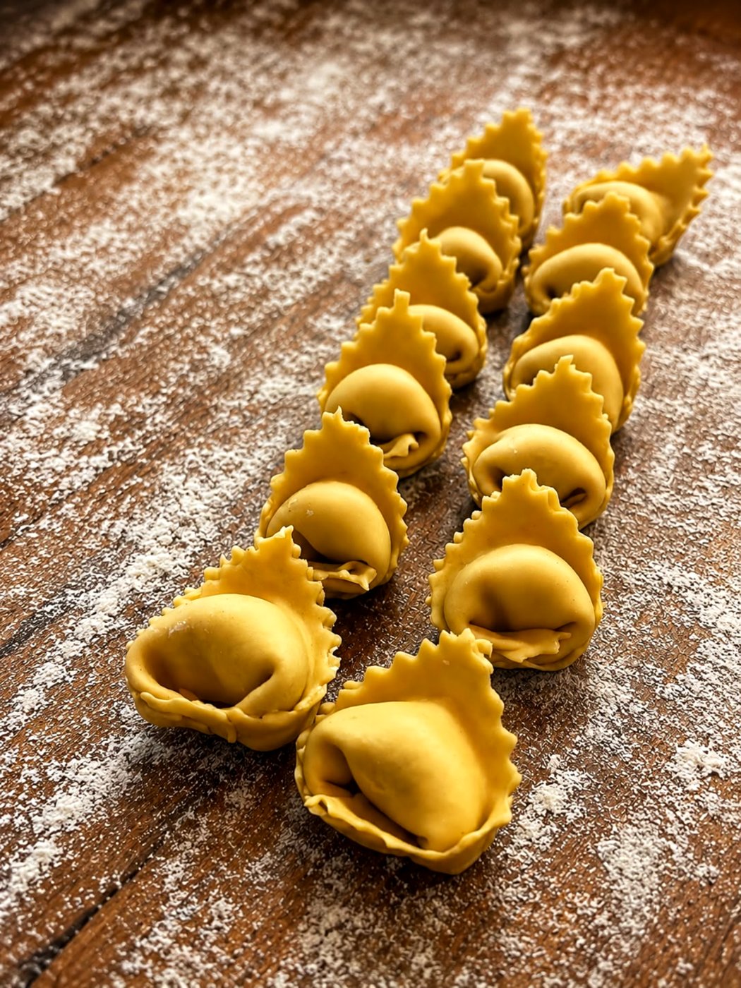 Tortelli em fileiras sobre a bancada de madeira enfarinhada